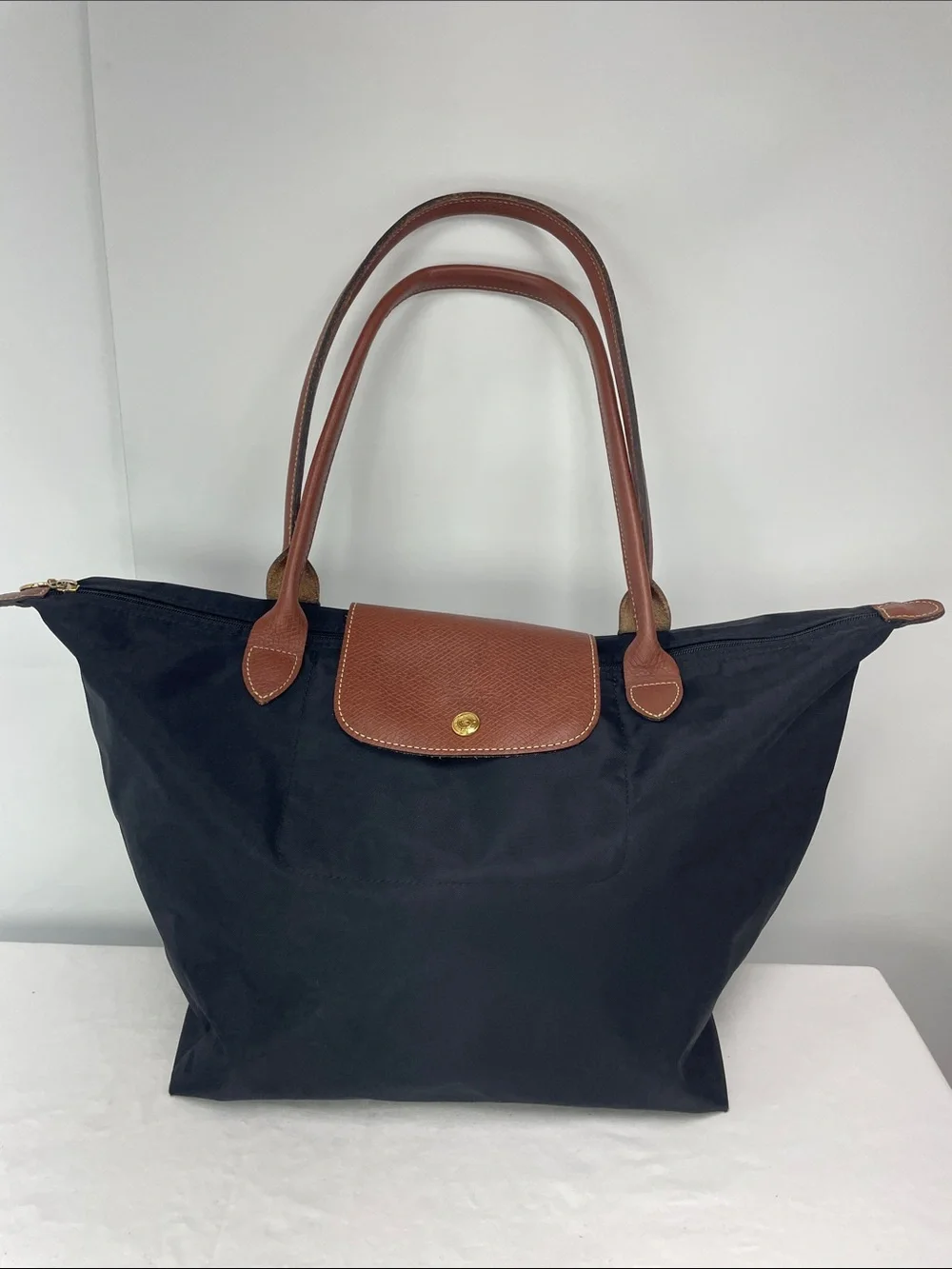 Longchamp Black Nylon Tote with Brown Leather Handles
